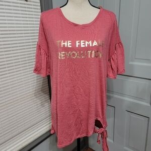 Livi by Lane Bryant THE FEMALE REVOLUTION Knotted Hem Ruffle Sleeve Mauve Tee 14